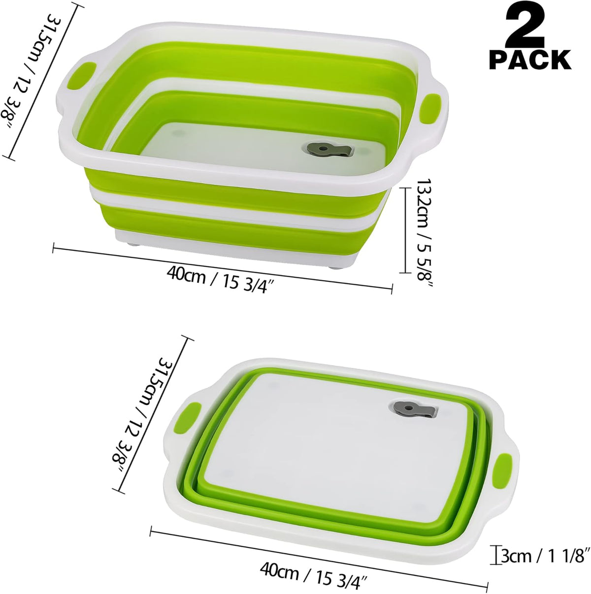 2 Pack Collapsible Cutting Board, Foldable Dish Tub with Draining Hole, Portable Chopping Board with Colander, 3 in 1 Multifunction Camping Sink for Washing Dish, Bowl, Vegetables and Fruit
