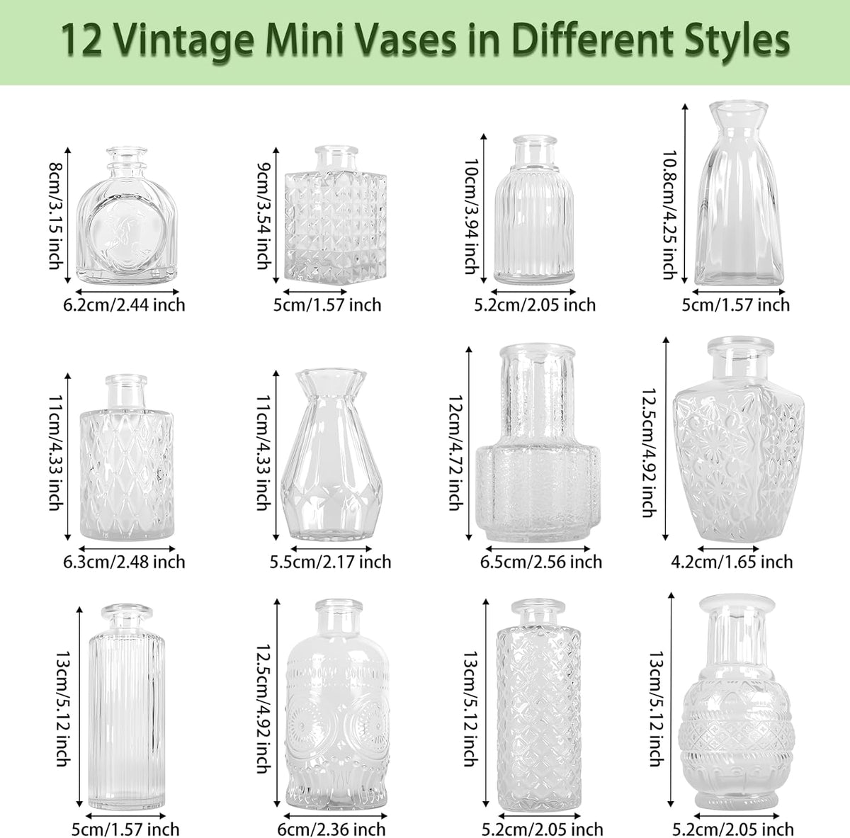Glass Bud Vase Set of 12 Pcs, Small Clear Bud Vases for Flowers, Vintage Vases for Centerpiece Table Wedding Decorations Home Decor Glass Bottles for Birthday Party Anniversary