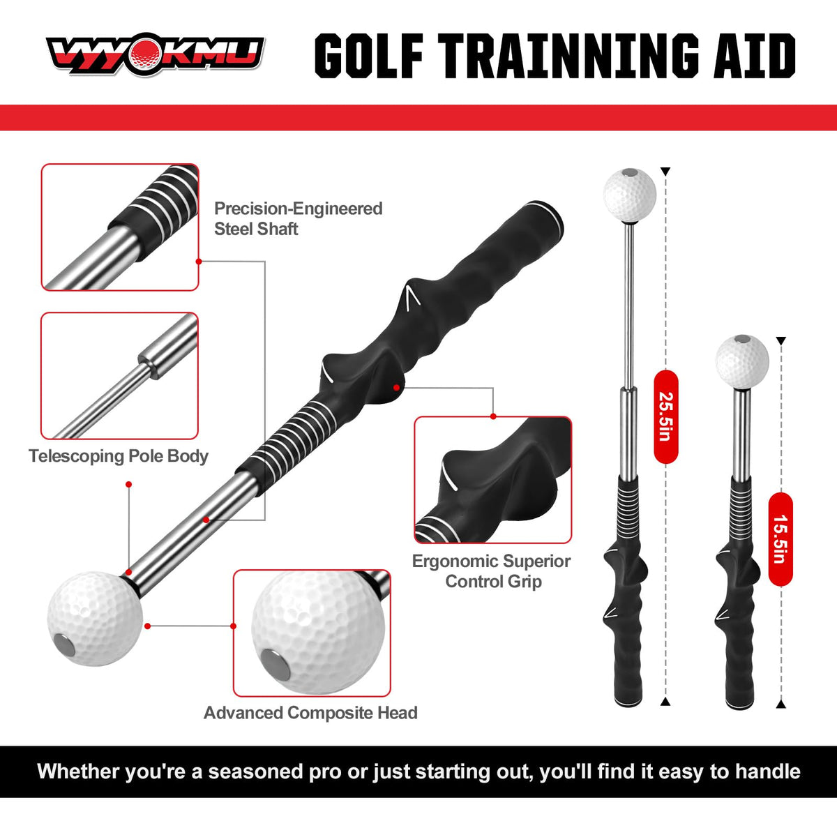 VYYOKMU Tempo Stick Golf for Right Hand, Retractable Golf Swing Trainer