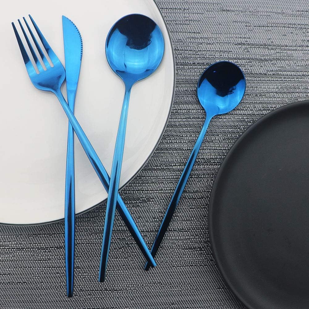 JASHII Shiny Blue Silverware Set, 20-Piece Stainless Steel Satin Finish Flatware, Kitchen Utensils, Mirror Polished Tableware Cutlery for Home and Restaurant, Dishwasher Safe