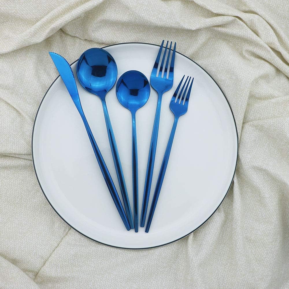 JASHII Shiny Blue Silverware Set, 30-Piece Stainless Steel Satin Finish Flatware, Kitchen Utensils, Mirror Polished Tableware Cutlery for Home and Restaurant, Dishwasher Safe
