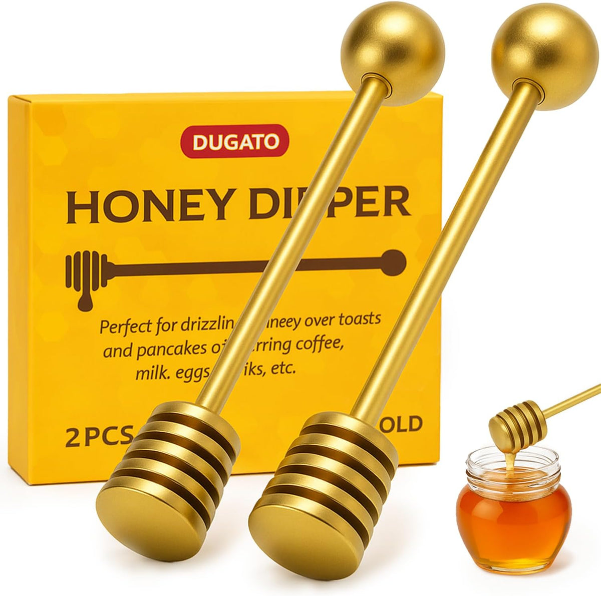 DUGATO Gold Honey Dipper Set (2 Pack, 6.3") - 304 Stainless Steel Honeycomb Sticks for Honey Pot Jar, Syrup Drizzler, Tea & Coffee Stirrer - Elegant Kitchen Utensil