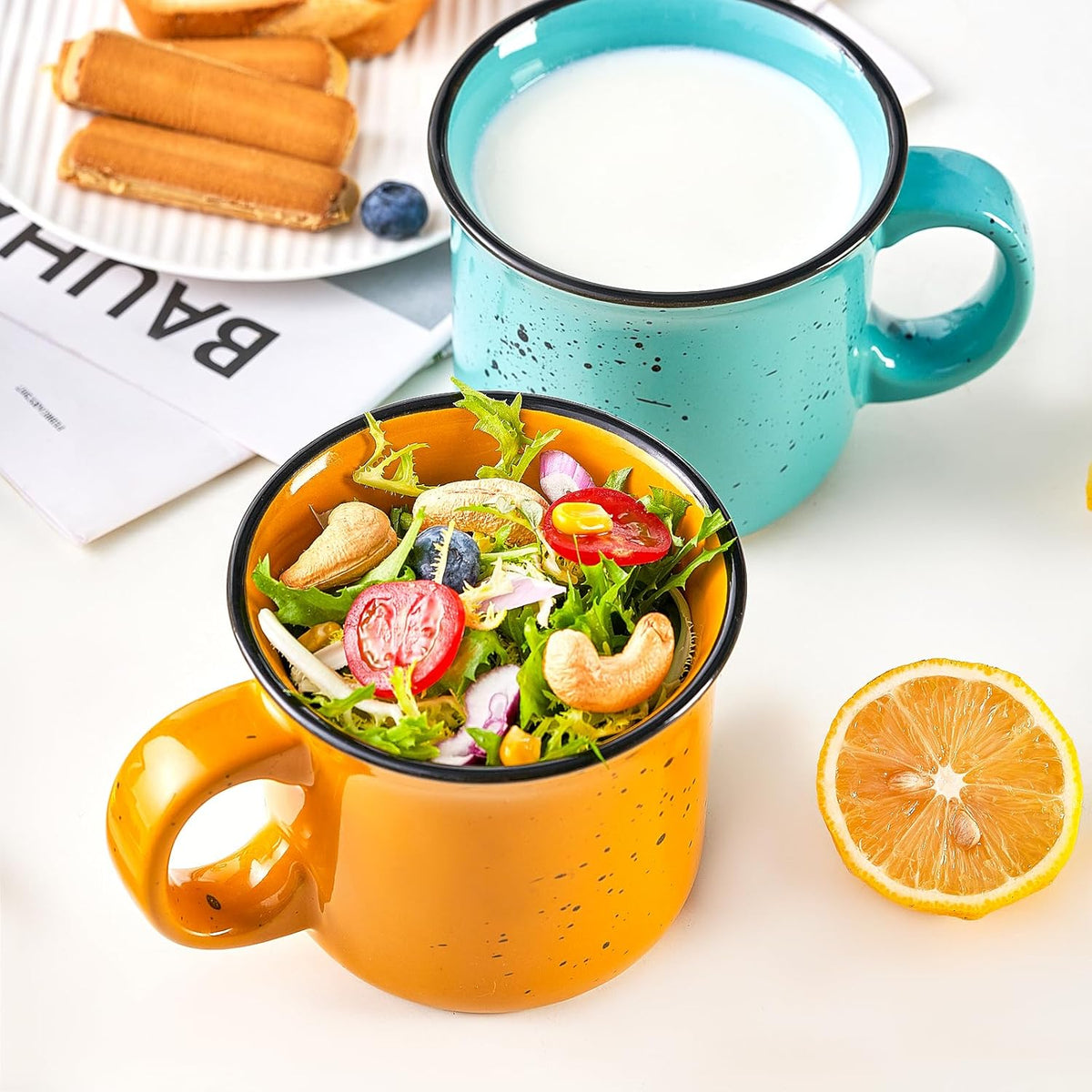 bestone Coffee Mugs Set of 4，16 oz Large Coffee Mugs, Ceramic Mugs with Handles,Salad,Noodles etc Coffee Mugs, Cups for Coffee Cereal Latte ，Microwave & Dishwasher safe，Yellow