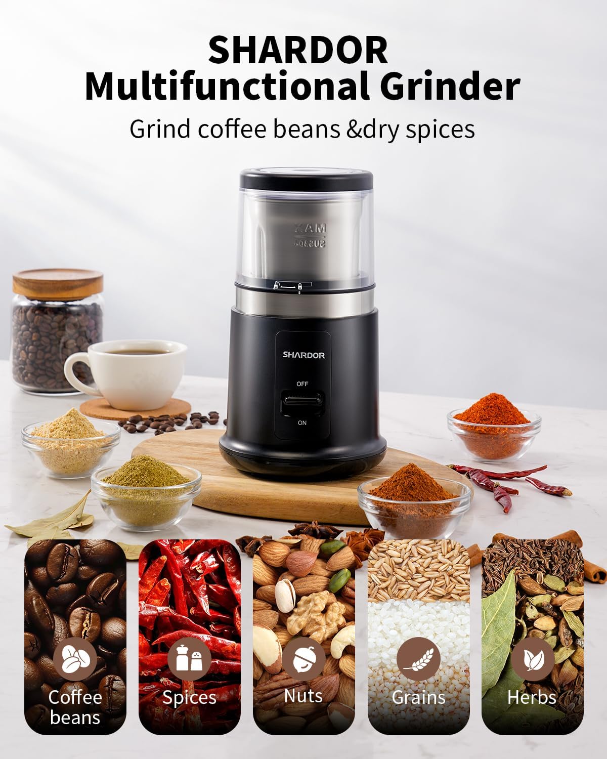 SHARDOR One Touch Coffee Grinder Electric, Spice, Herb, For Coffee Bean Spices and Seeds with 1 Removable Stainless Steel Bowl, Dry Grinder, Black
