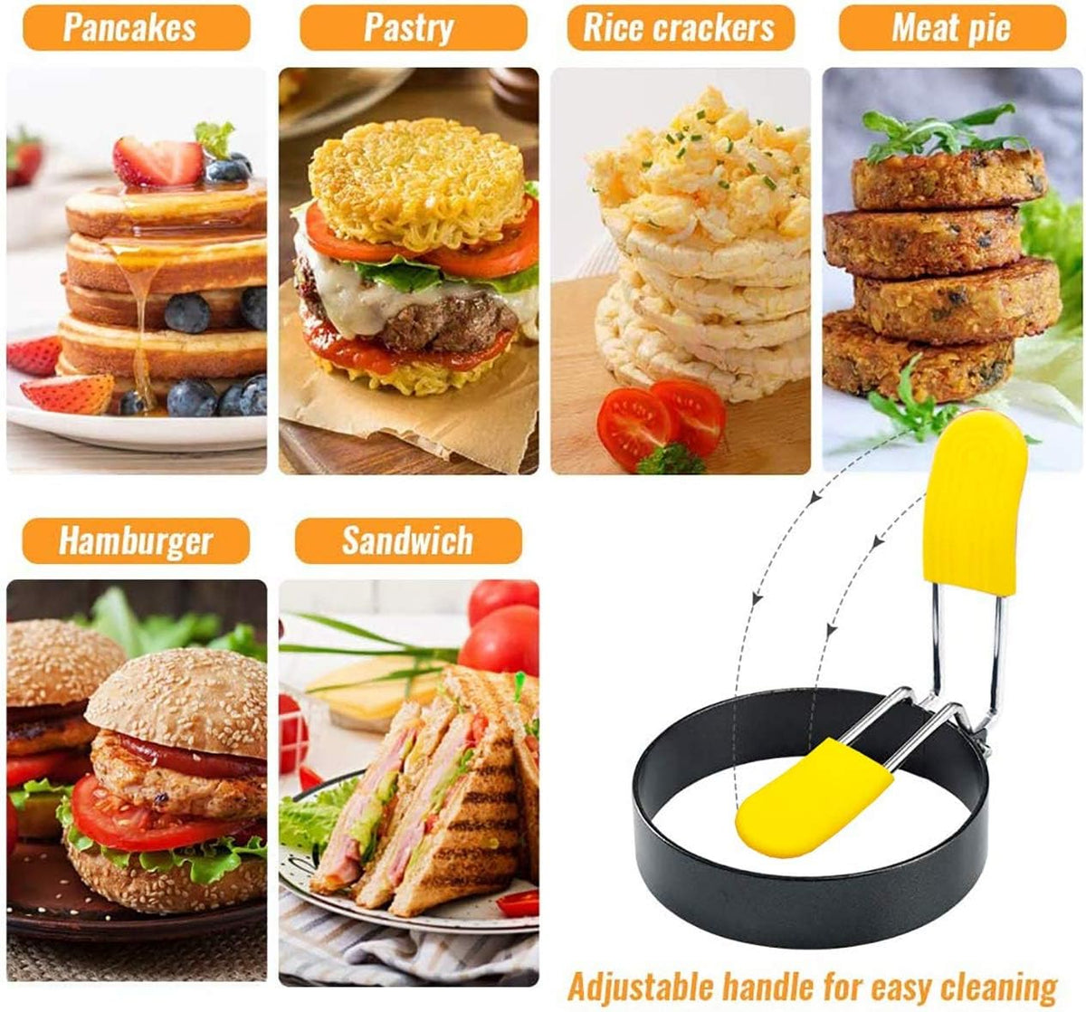 Egg Ring for Frying Eggs and English Muffin - Round Egg Shaper Mold with Anti-scald Handle - Stainless Steel Non-stick Egg Cooker Ring - 4 Pack