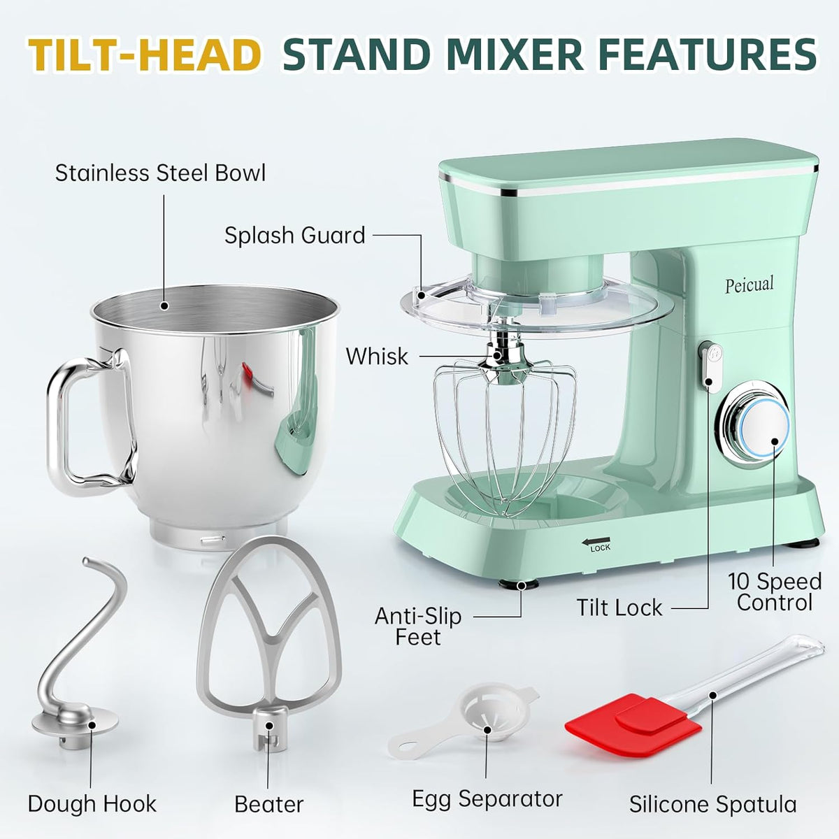 Stand Mixer, 6QT 10+P Speed Tilt-Head Kitchen Electric Mixer, Food Mixer with Stainless Steel Bowl, Dough Hook, Flat Beater, Wire Whisk, Splash Guard for Daily Use -Green