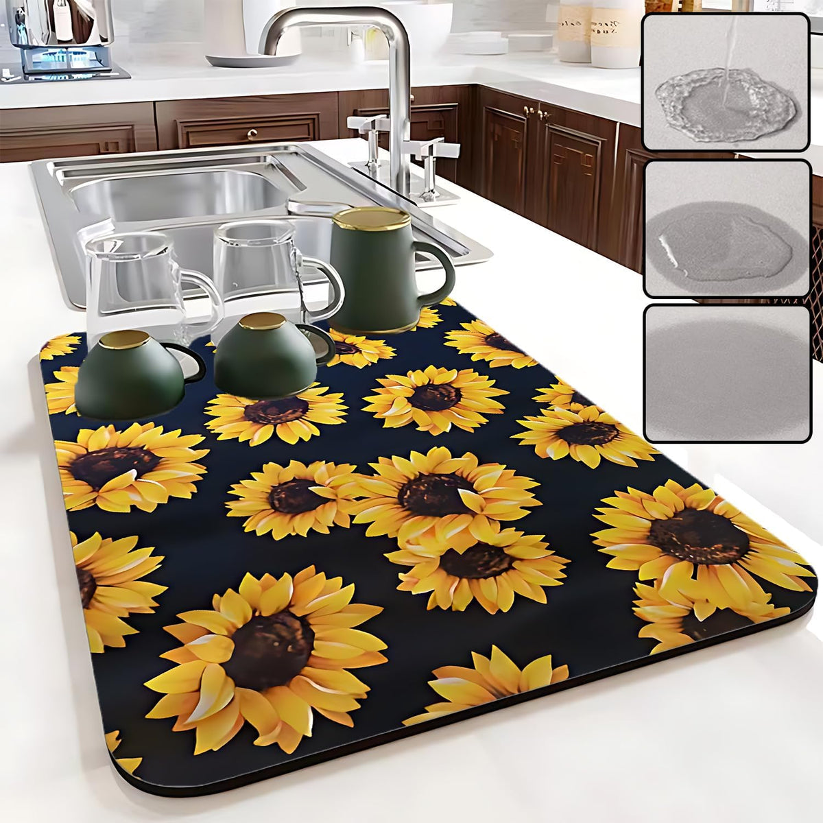 Dish Drying Mat Foldable Fall Kitchen Drying Mat Absorbent Sink Mat Multi-Purpose Coffee Pad Easy To Clean,Kitchen Gadgets,sunflower decor(sunflower) (17inches*24inches)