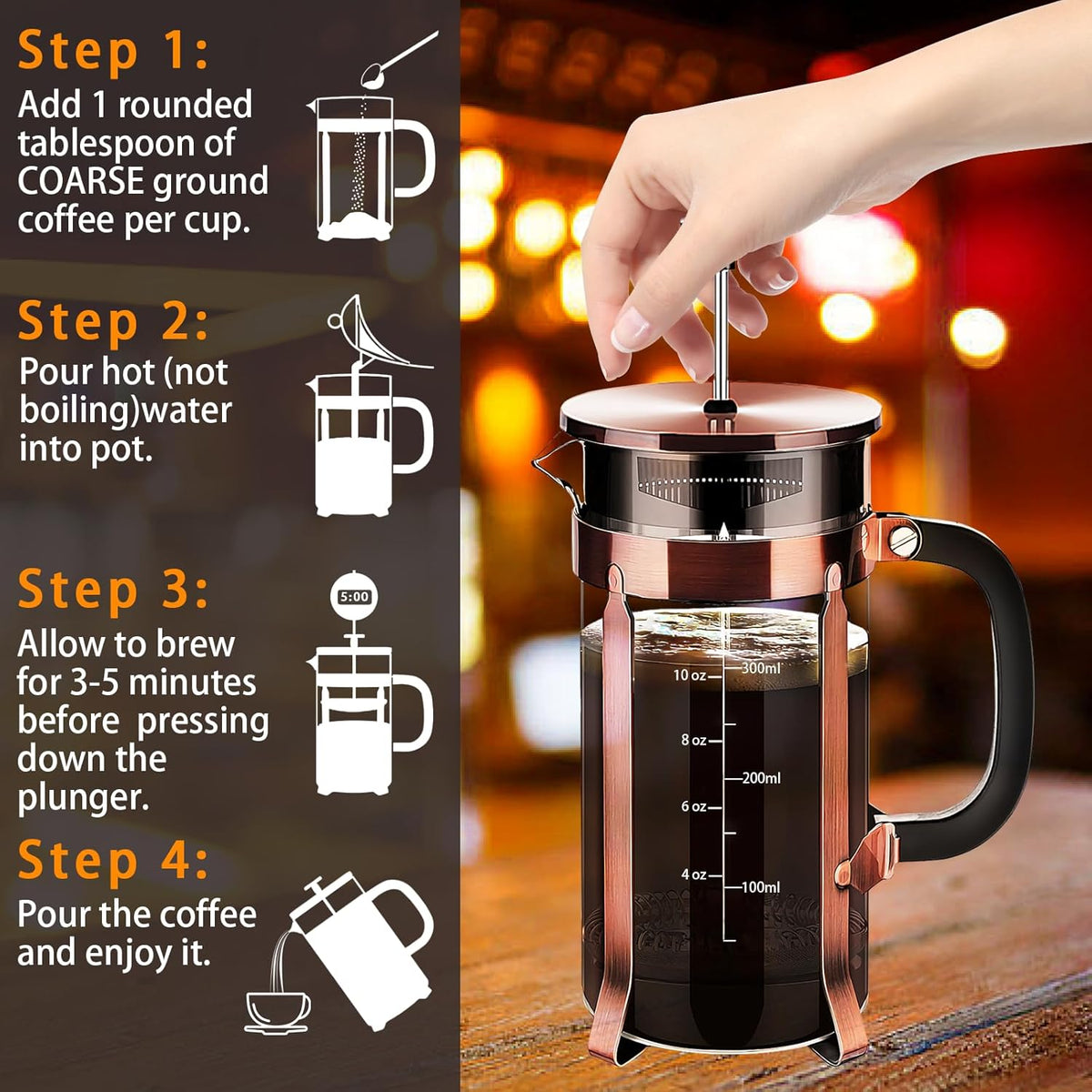 French Press Coffee Maker 304 Stainless Steel Coffee Press,with 4 Filters System, Heat Resistant Thickness Borosilicate French Press Glass, BPA-Free Brewed Tea Pot Coffee Plunger(Copper 12oz)