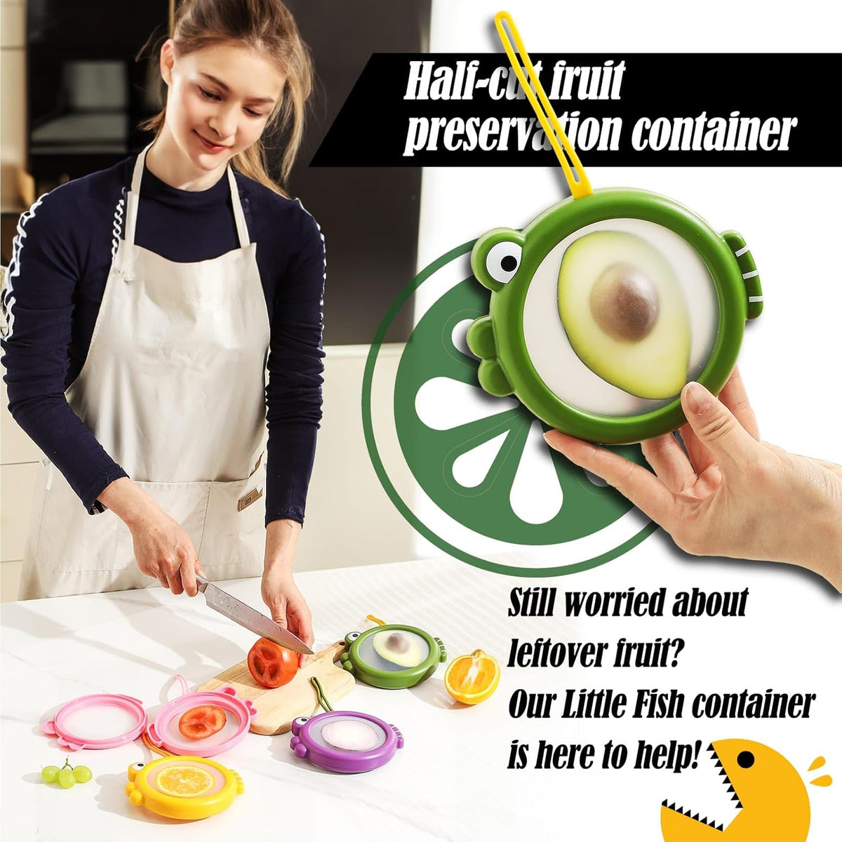 Avocado & Onion Saver – 4-Pack Reusable Food Storage Containers for Fridge – Fish-Shaped Keepers for Tomato, Garlic, Lemon – Help Reduce Food Waste