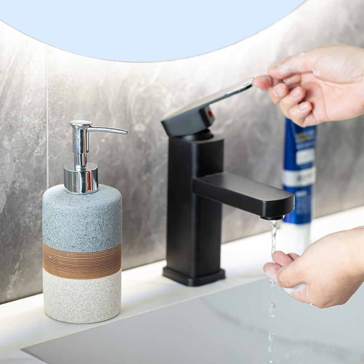 Ceramic Soap Dispenser Set for Hand Soap, Shampoo, Dish Soap, Conditioner, Bathroom & Kitchen, Stainless Steel Pump, Includes Silicone Funnel, 12 Oz, Non-Slip, Elegant Kitchen Decor, Gray