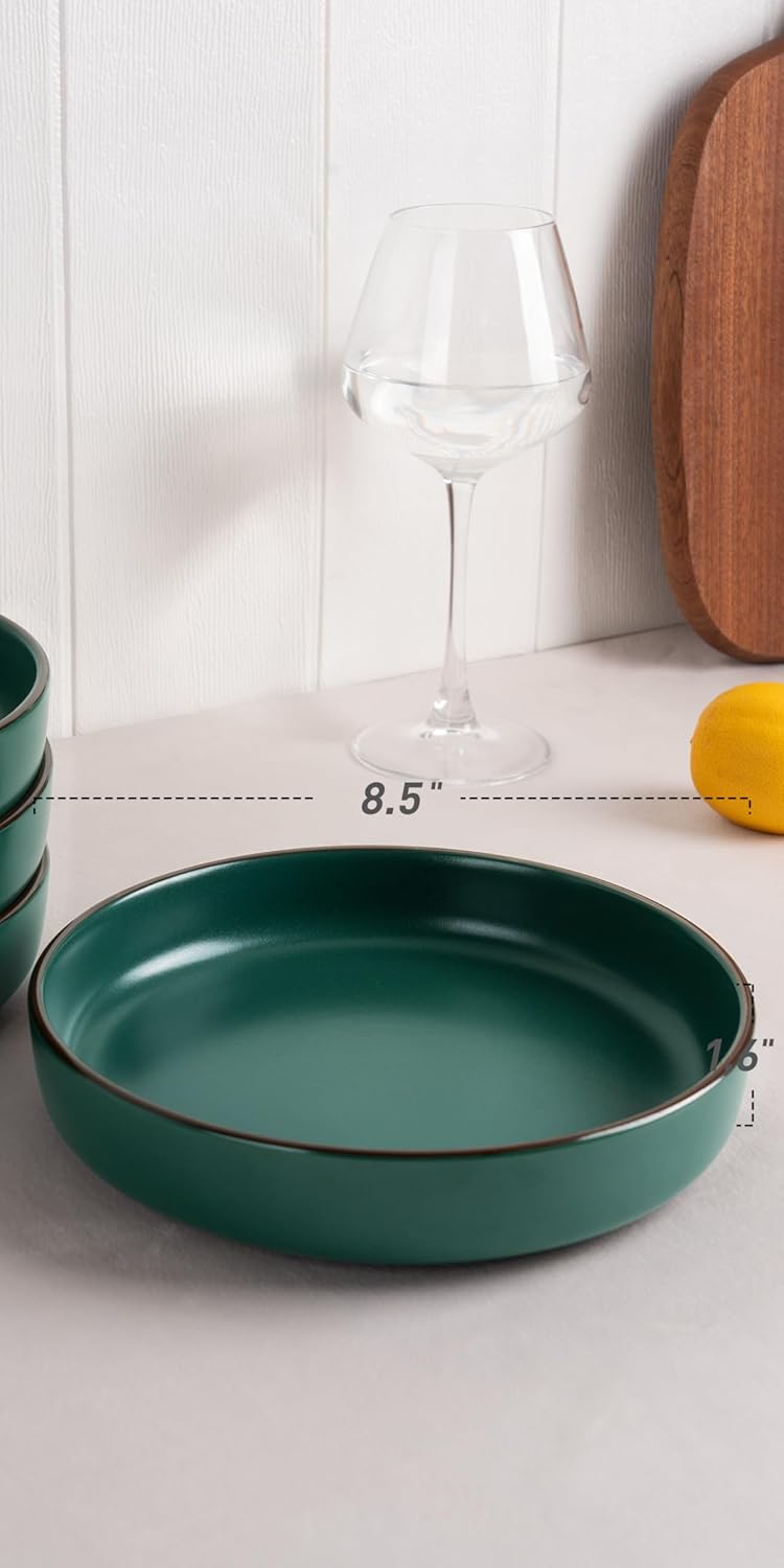 famiware Mercury Pasta Bowls Set of 4, 33 oz Large Salad Bowls, Stoneware Pasta Plates Bowls, Serving Bowls for Kitchen, Microwave & Dishwasher Safe, Dark Green