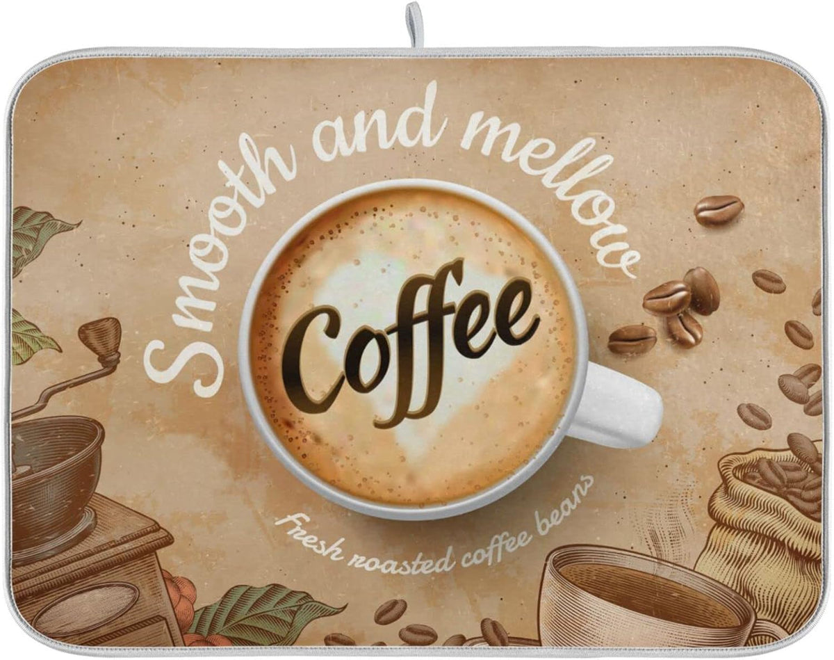 senya Super Absorbent Dish Drying Mat, Microfiber Fast-Drying 24'' x 18'', Kitchen Pad, Coffee Cup Retro Brown