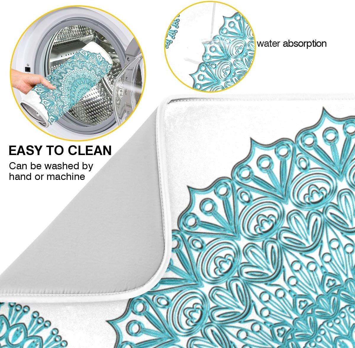 Super Absorbent Dish Drying Mat, Microfiber Fast-Drying Dish Mat, 24" x 18", Kitchen Dish Drying Pad, Boho Ethnic Turquoise Mandala