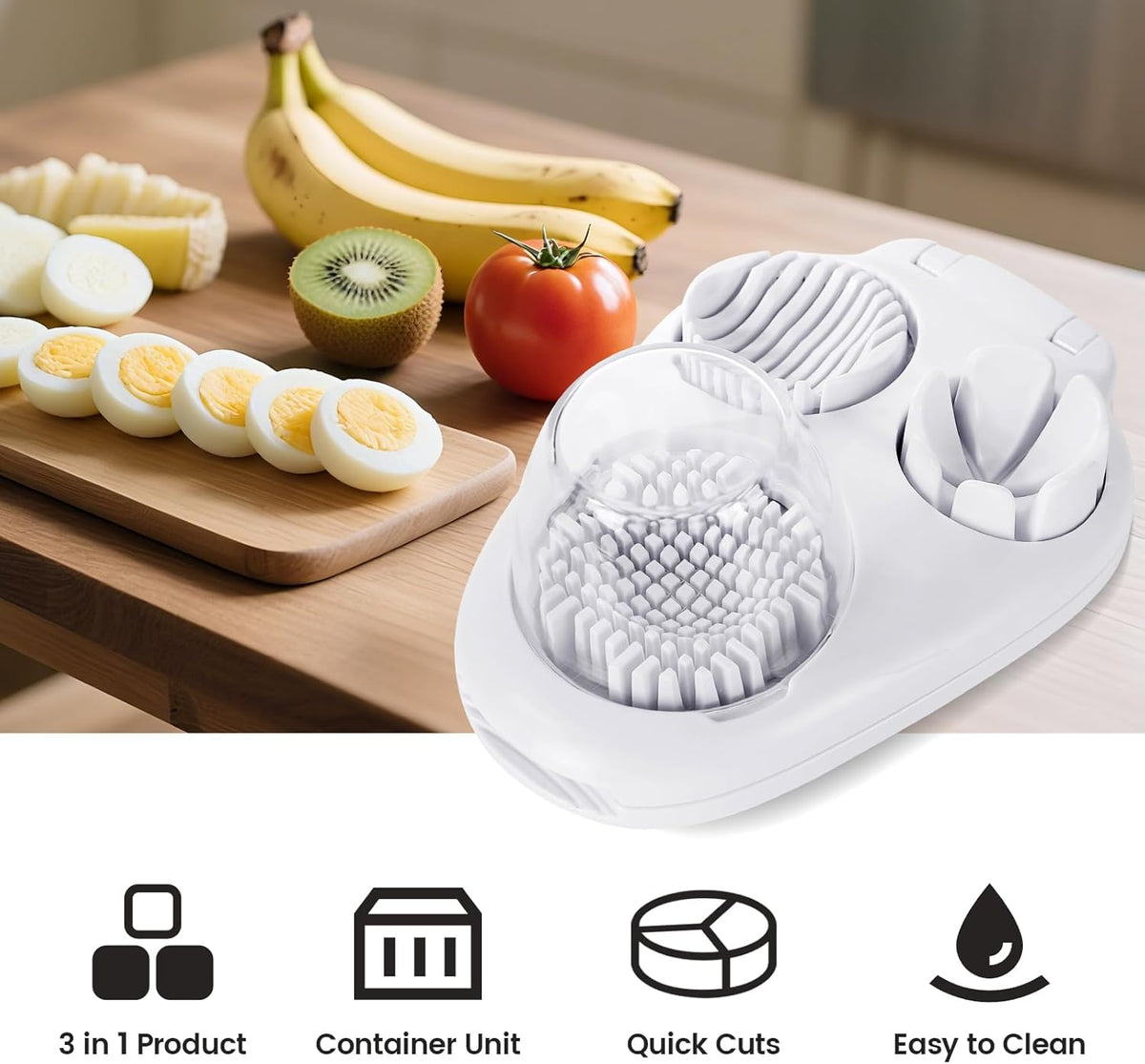 Nbippiooiwip 3-In-1egg Slicer For Hard Boiled Eggs,egg slicer 3 ways,Stainless Heavy Duty Steel Egg Slicer Kitchen Gadget, Fit Strawberry,Apple,Banana,Cherry,Tomato,White