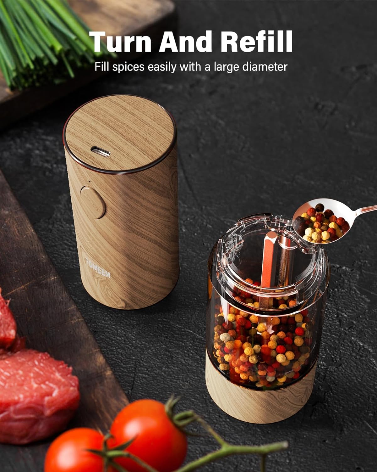 TOMEEM Upgraded Larger Capacity Electric Salt and Pepper Grinder Set Rechargeable with LED lights, Stainless Steel Automatic Pepper and Salt Grinder Refillable with 5 Adjustable Coarseness Wood Grain