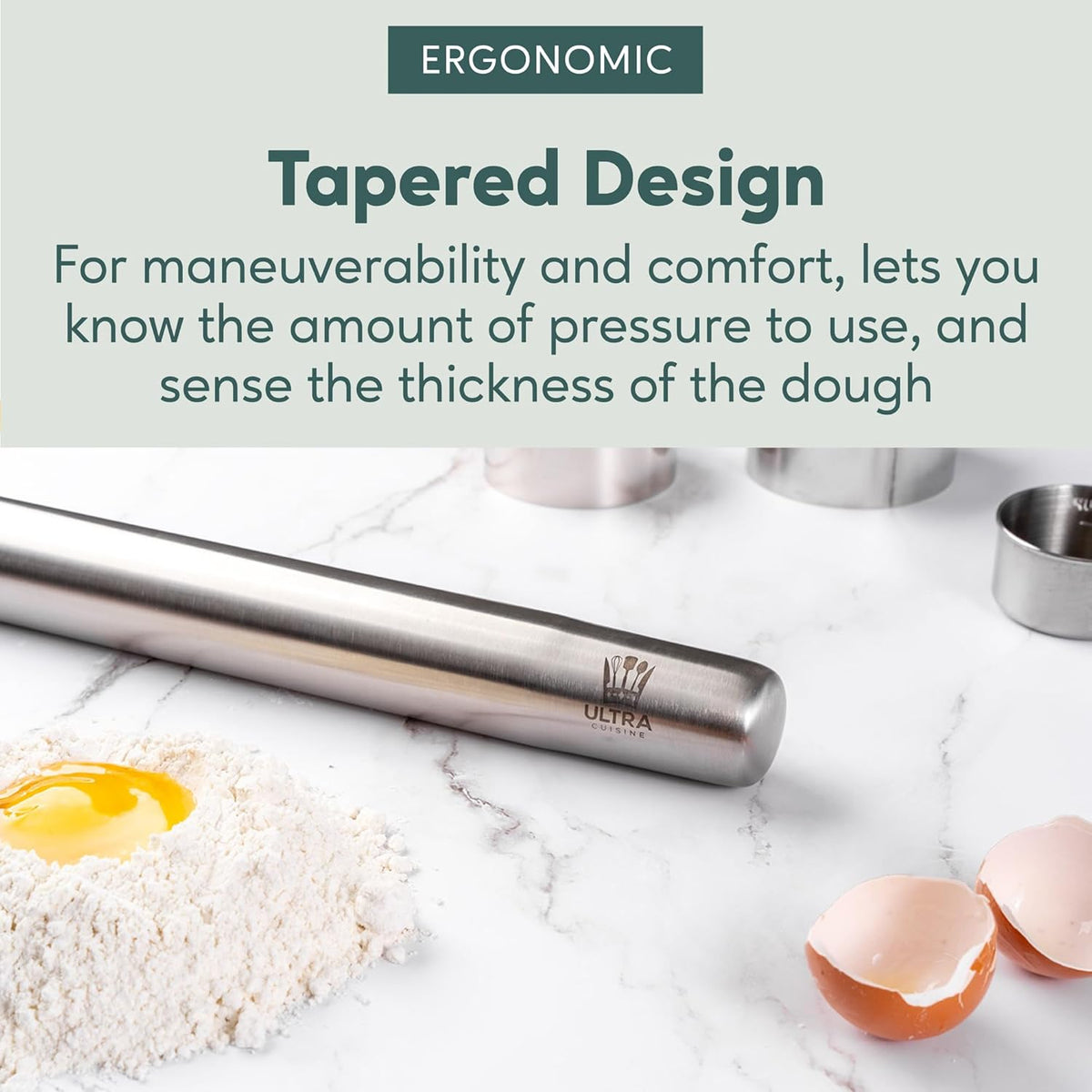 Ultra Cuisine French Rolling Pin for Baking – Use with Pizza, Cookie, and Pastry Dough, Fondant and Pie Crust – Tapered Design Bread Roller Pin, Stainless Steel 15.75-inch Large Roller Pin