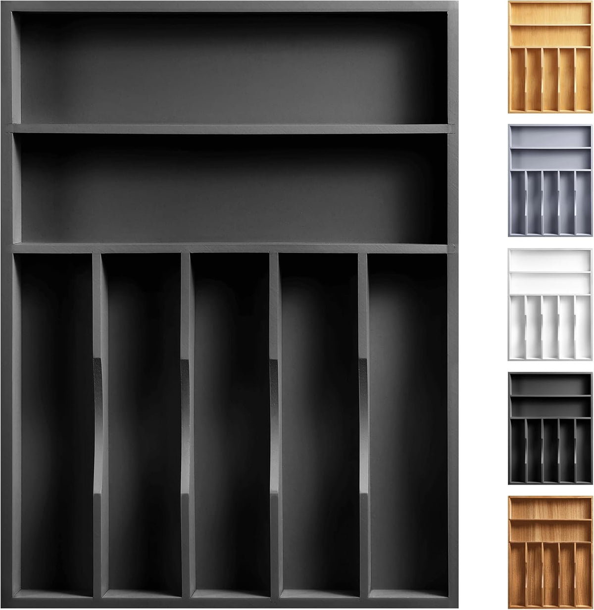 Kitchen Bamboo Silverware Organizer, Kitchen Drawer Organizer - Utensil Holder and Cutlery Tray with Grooved Drawer Dividers for Flatware 7 Slot, Black