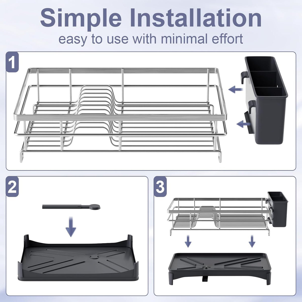 Dish Drying Rack,Rustproof Stainless Steel Dish Rack for Kitchen Counter,Dish Drainer with Cutlery Holder and Removable Drainboard,16.5" D x 11.8" W x 6.29" H