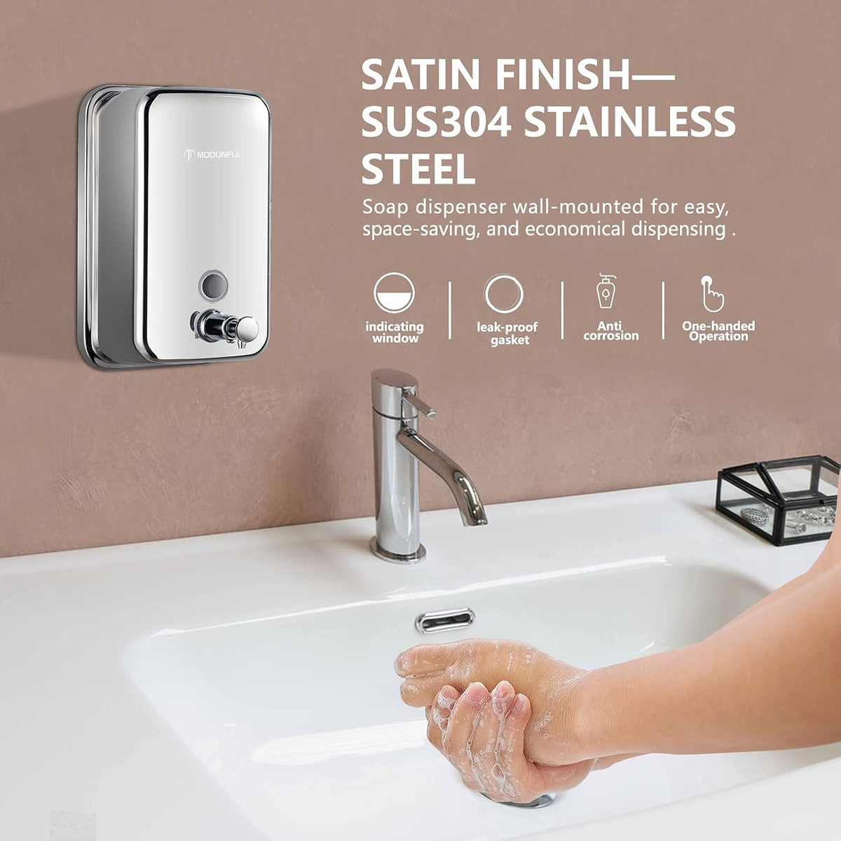 modunful Stainless Steel Soap Dispenser – 27oz Wall Mounted for Family Use, Brushed Nickel, Leak-Proof Pump, Durable Design for Busy Households