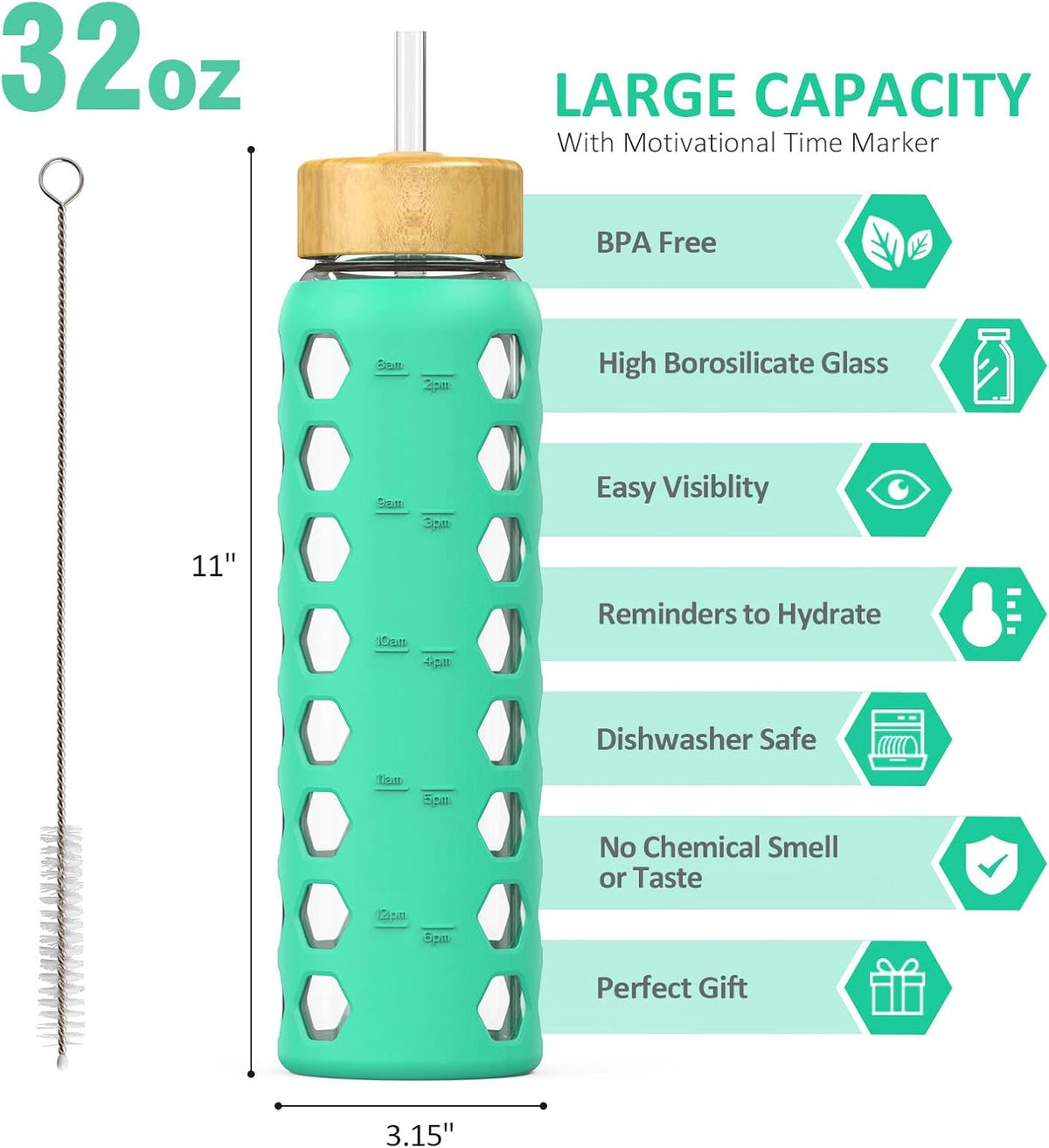 MUKOKO 32oz Glass Water Bottles with 2 Lids-Handle Spout Lid&Bamboo Straw Lid, Motivational Water Tumbler with Time Marker Reminder and Silicone Sleeve, Leakproof-Green-1 Pack