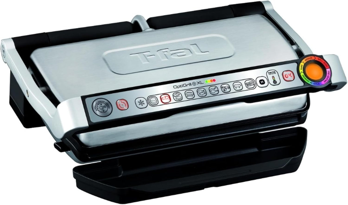 T-Fal OptiGrill Stainless Steel XL Electric Grill 6 Servings 9 Intelligent Automatic Cooking Modes 1800 Watts Nonstick Removable Plates, Dishwasher Safe, Indoor, Frozen Food