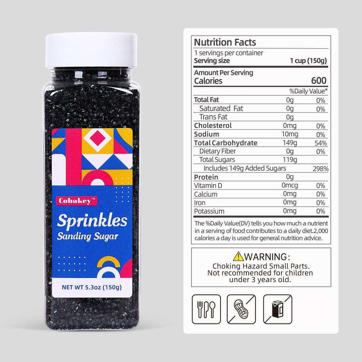 Sanding Sugar Black Edible Sugar Sprinkles Sanding Sugar for Cake Decorating, Sparkling Edible Crystal Candy for Wedding Party Baking Cupcake Cookie Ice Cream Decoration Supplies - 5.3 oz
