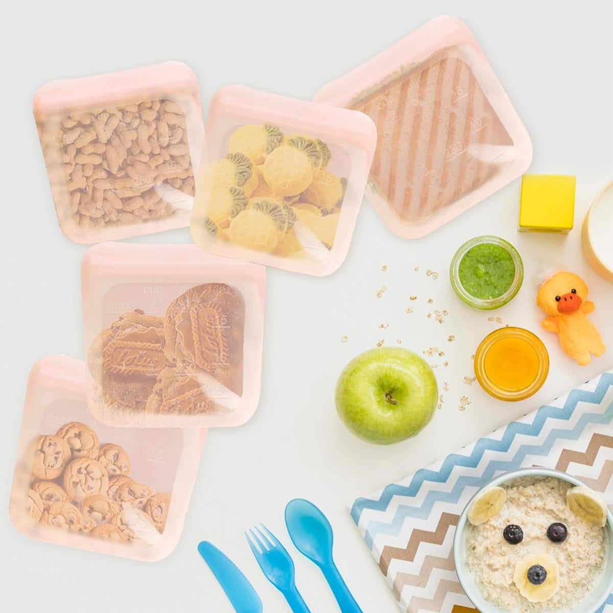 purifyou Set of 5 Reusable Silicone Storage Snack Bags 6oz / 16oz / 32oz / 64oz Self-Seal Food Storage Container for Fruits, Vegetables, Sandwiches, Dishwasher Safe & Leak-free (CloudPink, 16oz)