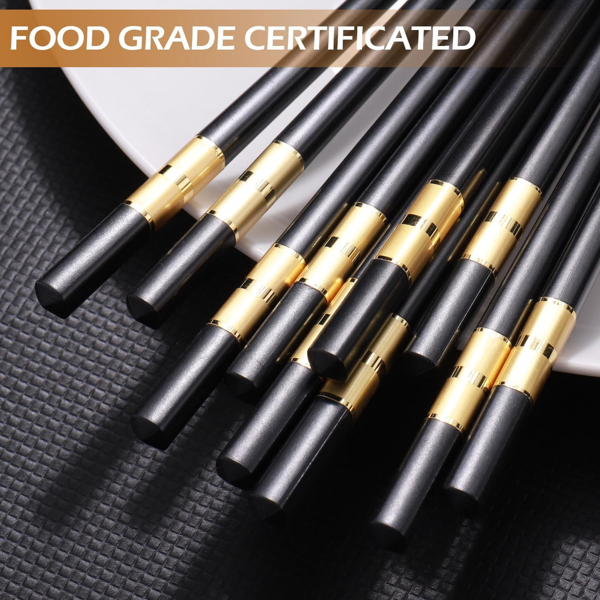 GLAMFIELDS 5 Pairs Premium Chopsticks Reusable Dishwasher Safe 9.5 Inch Fiberglass Chop Sticks Gift Set Non Slip Black+Gold