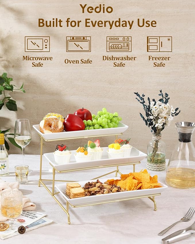 Yedio 3 Tier Serving Tray Set 14 Inch Porcelain Tiered Serving Platters, Collapsible Sturdier Stand with Stable Cross Bars, Three Layer Serving for Party Entertaining Food Display Fruit Dessert