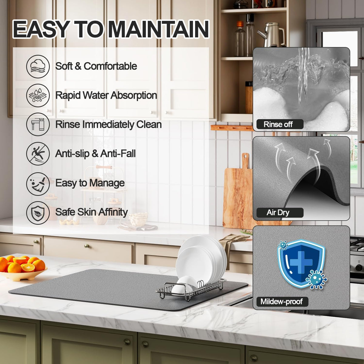 Dish Drying Mat for Kitchen Counter | Coffee Bar Mat for Countertops | Heat Resistant Drainer Mat with Non-slip Rubber Backed | Hide Stain Kitchen Absorbent Draining Mat | Grey 16"x24"