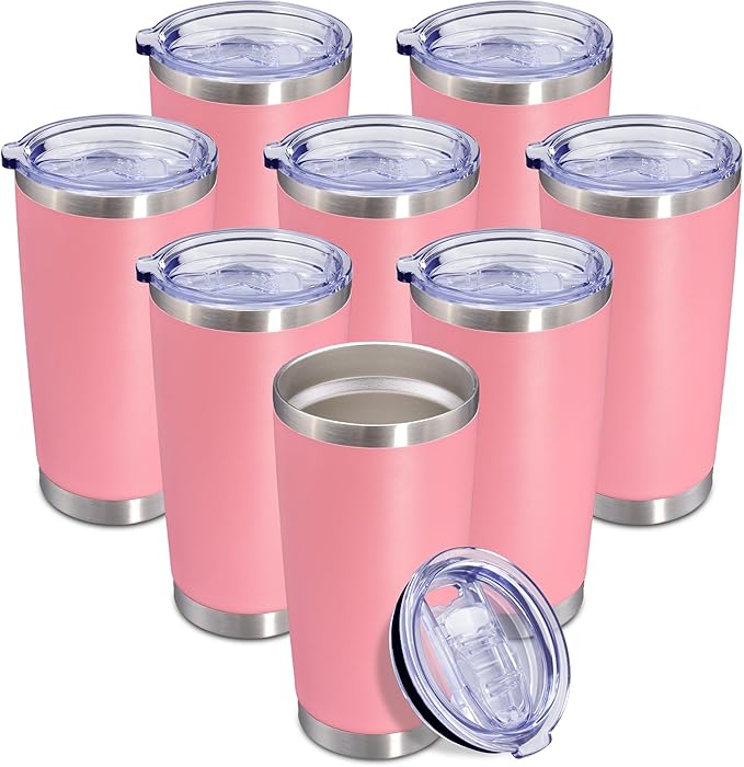 20 oz Tumbler Coffee Travel Tumblers Bulk with Lid Stainless Steel Double Wall Vacuum Insulated Mug Powder Coated Cups fit Car Cupholder for Hot and Cold - Pink, 8Pack