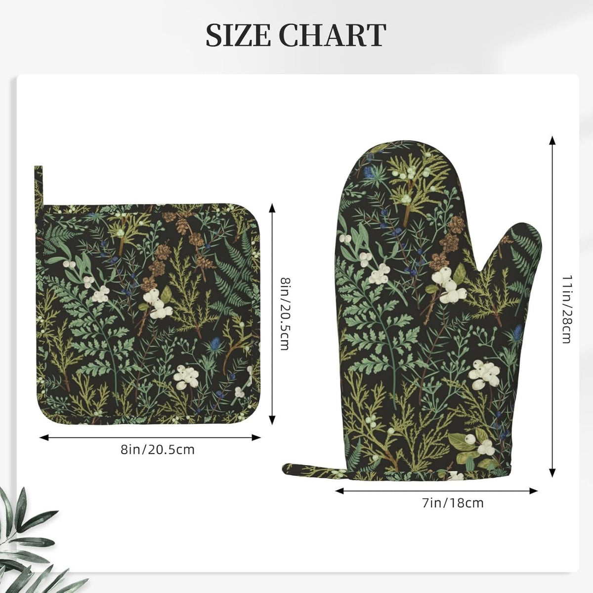 Botanical Print Floral Oven Mitts and Pot Holders Set of 4 Silicone Black Sage Green Botanical Print Kitchen Mitten Gloves and Farmhouse Potholders Set Vintage Oven Gloves Hot Holders for BBQ