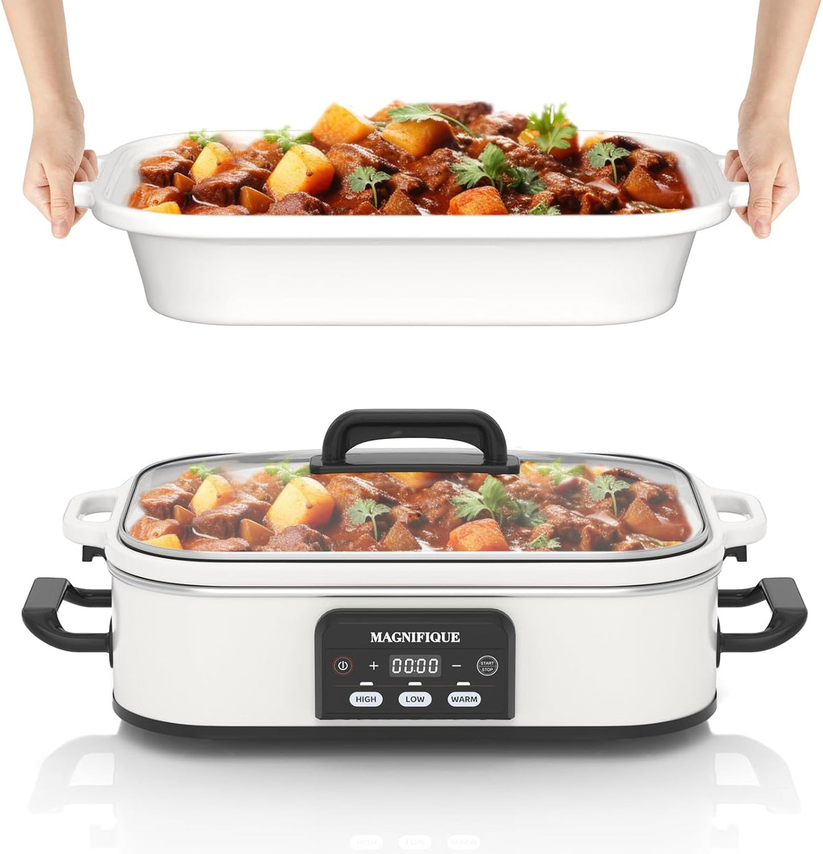 4 Quart Casserole Programmable Slow Cooker with Ceramic Baking Dish - Perfect Kitchen Small Appliance for Family Dinners, Oven Safe and Durable Bakeware for Lasagna, Roasts (White)