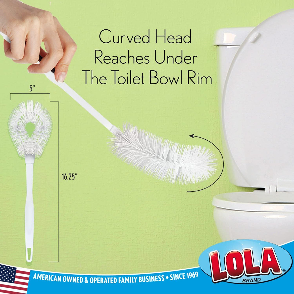 Lola Products Toilet Bowl Brush w/Curved Head, Coated Wire, Durable Poly Bristles, Reaches Under Toilet Bowl Rim, 1 Pack