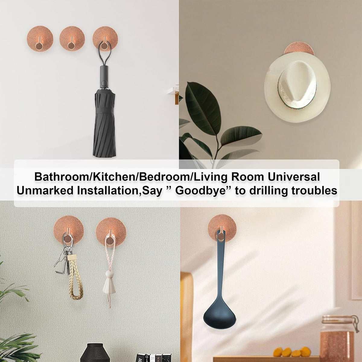 Aluminum Wall Hooks, No Drill Damage-Free Adhesive Hook, Product for Hanging Heavy Duty for Bathroom Kitchen Home (Single Round Rose Gold Hook, 4)