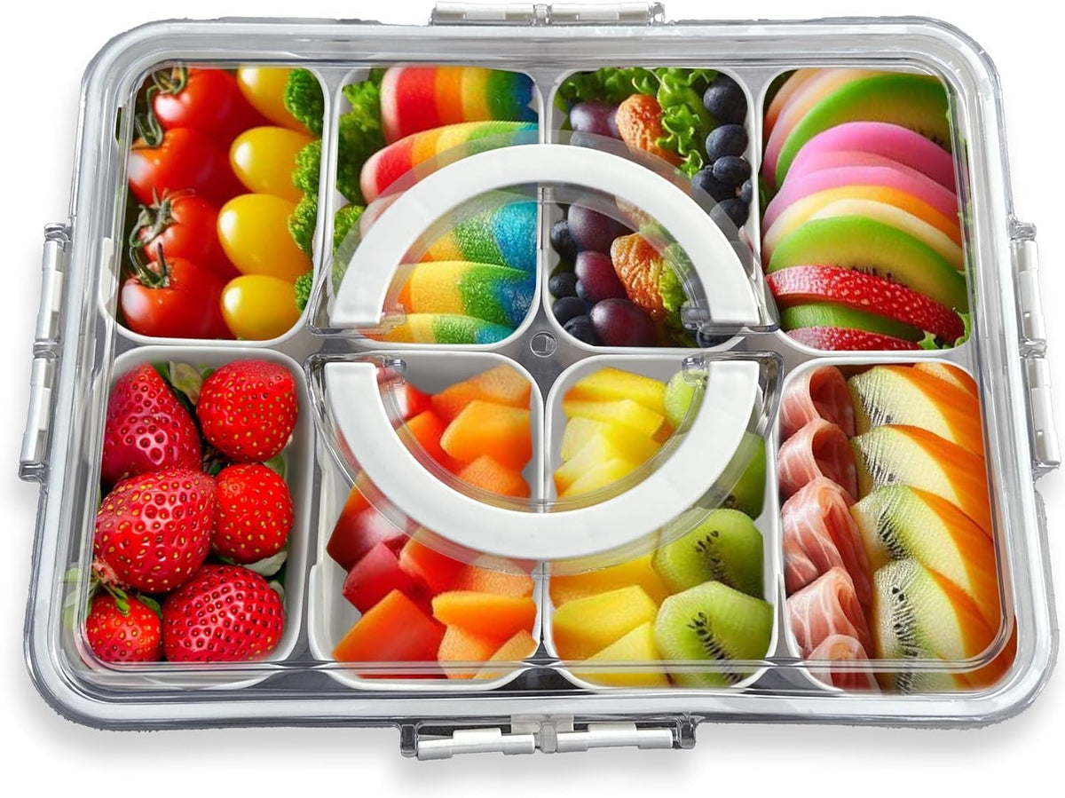 Divided Serving Tray with Lid and Handle,8 Compartments Snacks Box,Snack Fruit and Veggie Tray,Portable Platter for Candy Fruits Nuts Snack Party Entertaining Picnic (1 PCS)