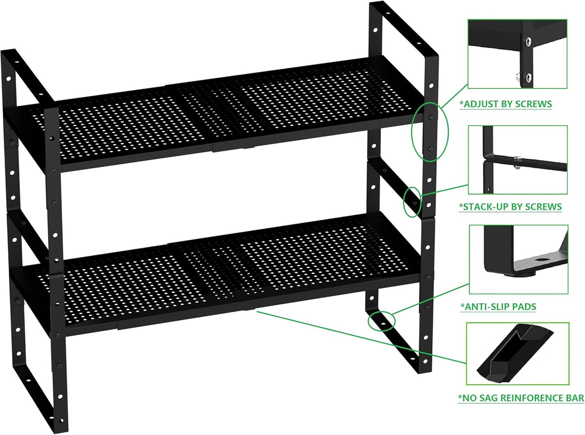 Expandable Shoe Rack Stackable Metal Pantry Storage Shelves Stand Adjustable Height Cabinet Shelf Organizer Racks Spice Shelving(1PACK/BLACK,LARGE)