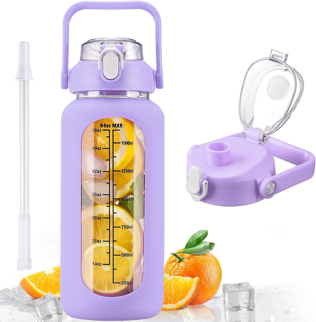 kytffu 64oz Glass Water Bottles with Straw, Half Gallon Motivational Glass Bottle with Silicone Sleeve and Time Marker, 2L Leakproof Large Glass Water Jug for Gym Home Office, Purple