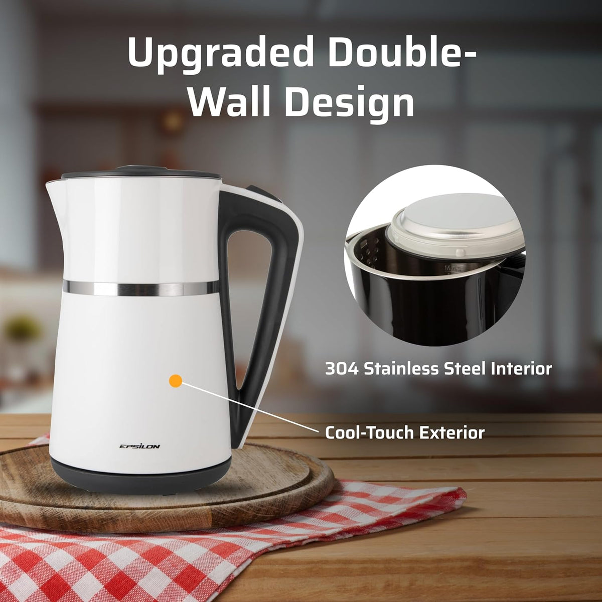 Epsilon Double Wall Electric Kettle 1500W – 1.7L Hot Water Tea Kettle & Hot Water Boiler with Auto Shut-Off, Boil Dry Protection, BPA-Free Stainless Steel Electric Teapot, Fast Boil, Cool Touch Design