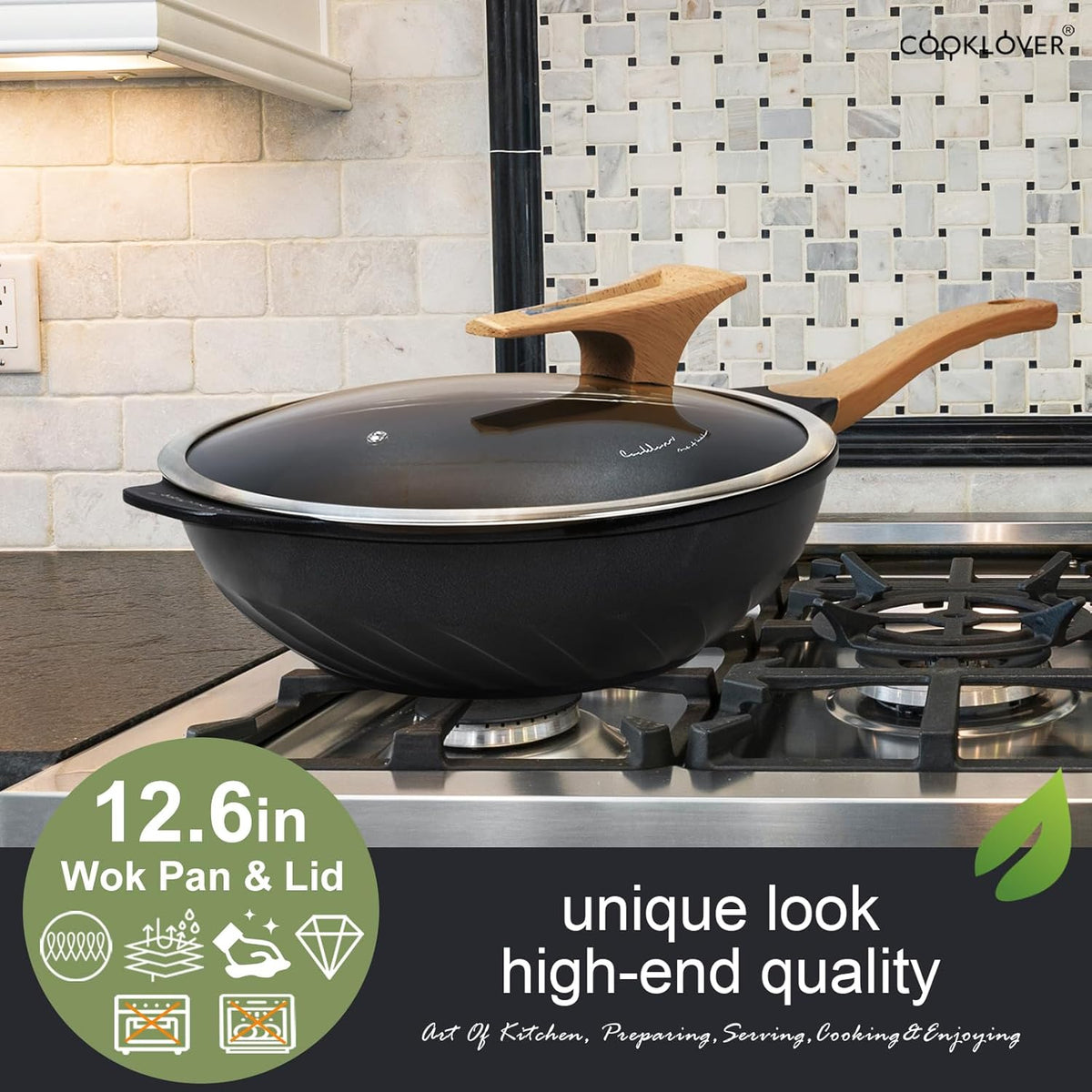 COOKLOVER Nonstick Woks And Stir Fry Pans Die-cast Aluminum Scratch Resistant 100% PFOA Free Induction Wok pan with Lid 12.6 Inch - BK