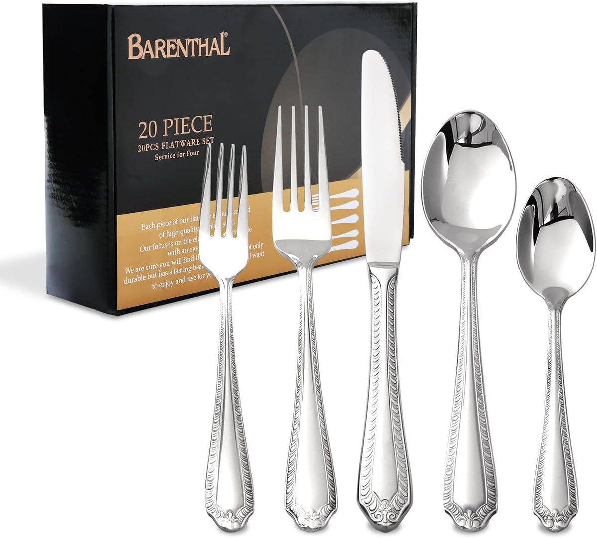 Heavy Duty Silverware Set for 4, Barenthal 20 PCS Luxury Retro Flatware Set Mirror Finish Dishwasher Safe, 18/10 Stainless Steel Silverware Flatware Sets for Home Restaurant Party Christmas Gift