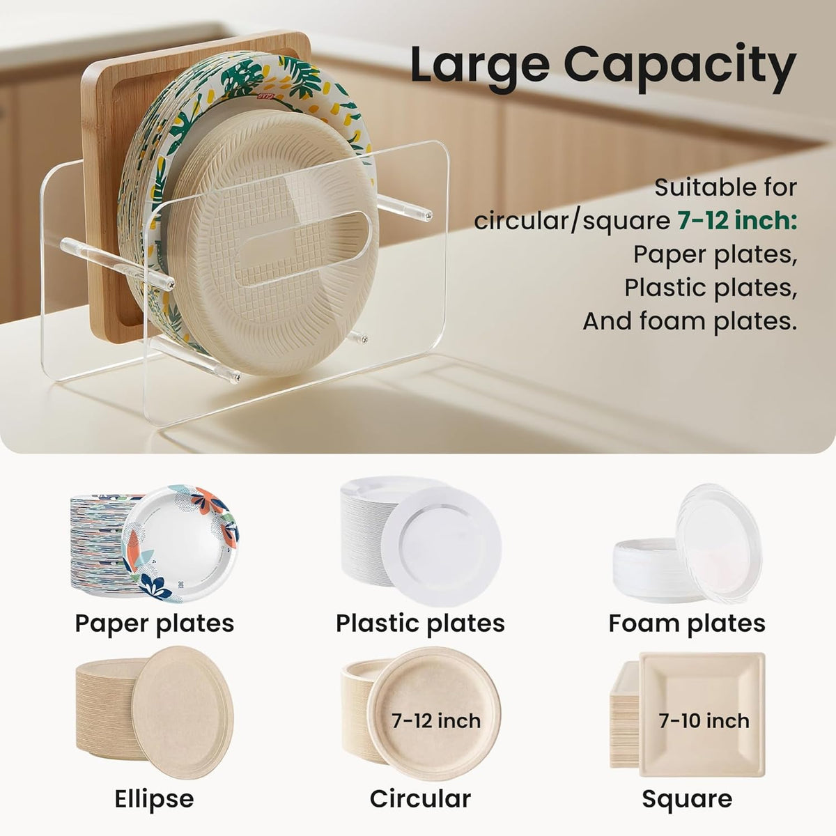 Disposable Paper Plate Dispenser for 7-12 Inch,Clear Acrylic,Round/Square Plastic, Foam & Paper Storage Organizer, for Cabinet, Countertop, Rv or Outdoor Use