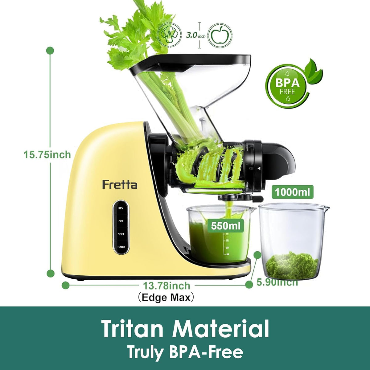 Slow Juicers, Cold Pressed Juicer Machine with 3-inch Large Feeding Chute,Masticating Juicer Machines Vegetable and Fruit,BPA Free, Powerfull 200w Motor(Yellow)