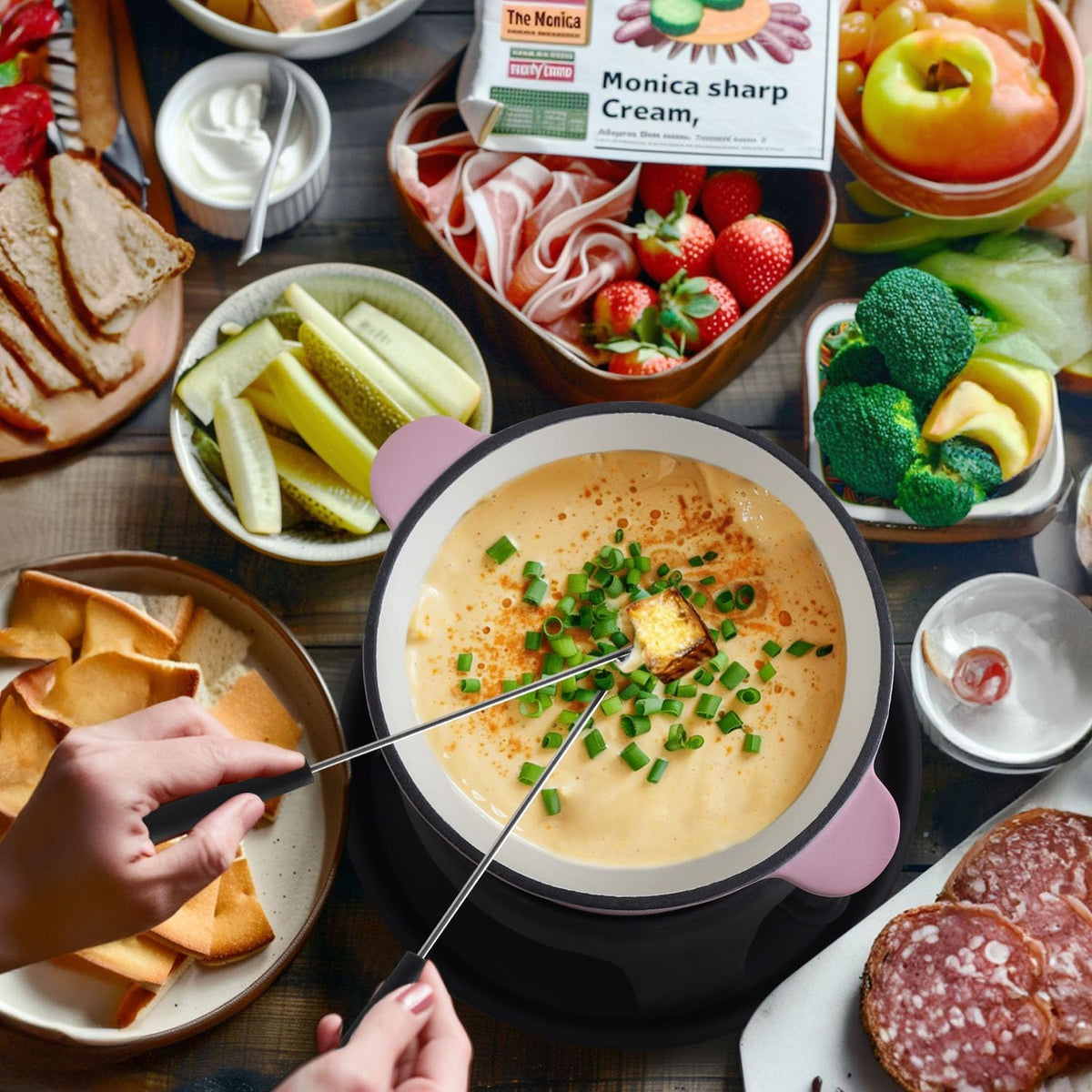 Artestia Cast Iron Cheese Fondue Pot Set for Chocolate Swiss Fondue Set Camping Fondue Set with 6 Fondue Forks, 11-Piece Cheese Fondue Set Serve 6 Persons (Pink)