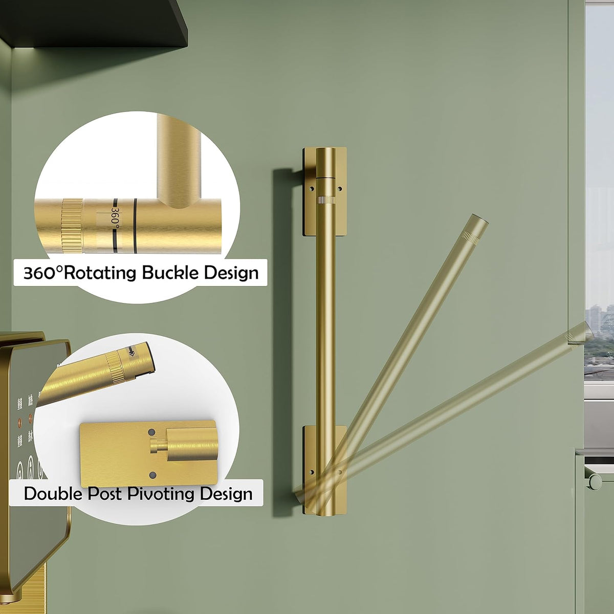 Ruacq Brushed Gold Paper Towel Holder Double Post Pivoting Square Base Under Cabinet Paper Towel Holder for Kitchen Self-Adhesive or Drill mounting