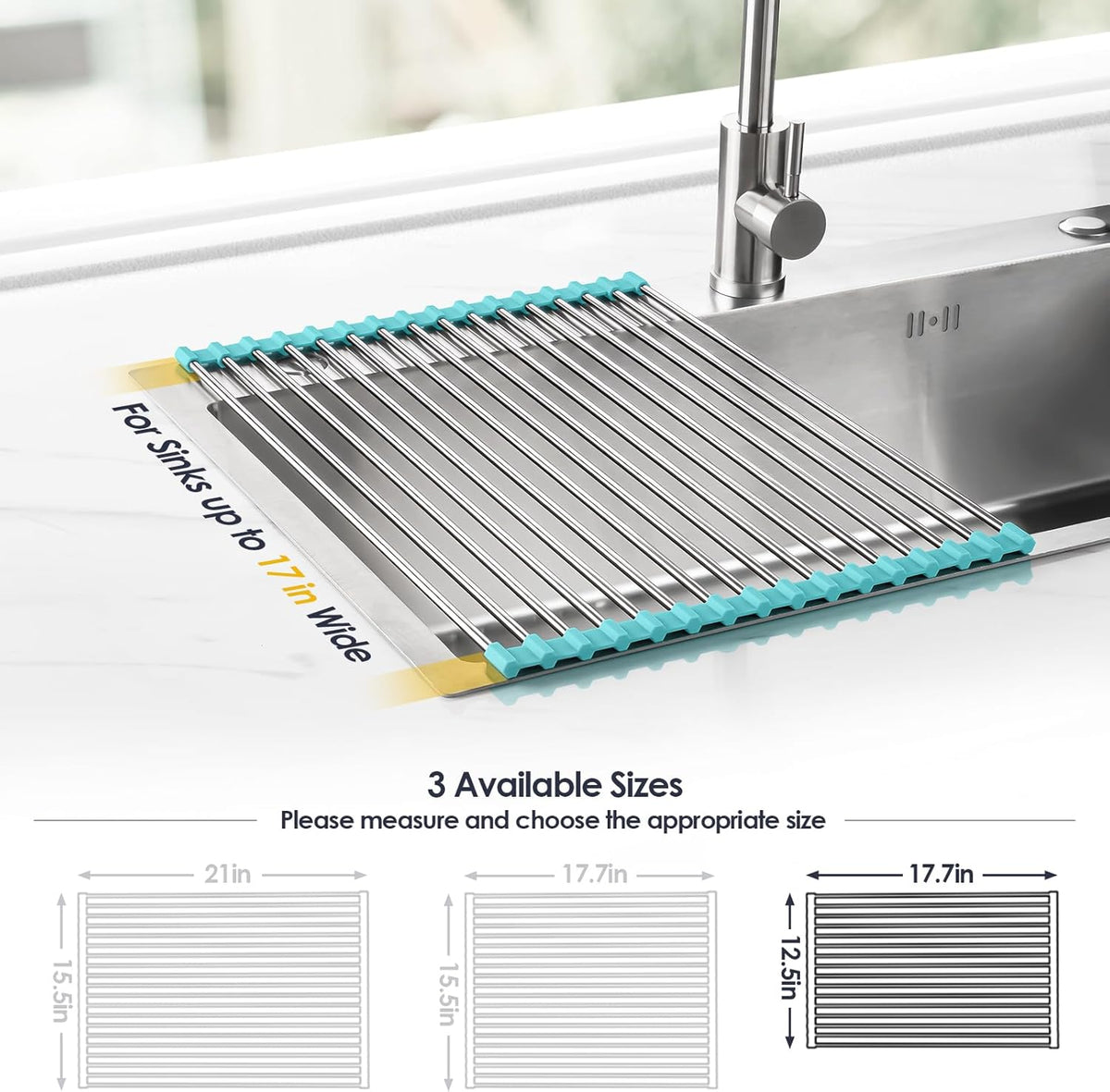 Tomorotec 17.7" x 12.5" Roll Up Dish Drying Rack Over Sink Drying Rack Sink Cover Kitchen Sink Accessories Gadget Multipurpose Organizer Foldable Stainless Steel Drainer