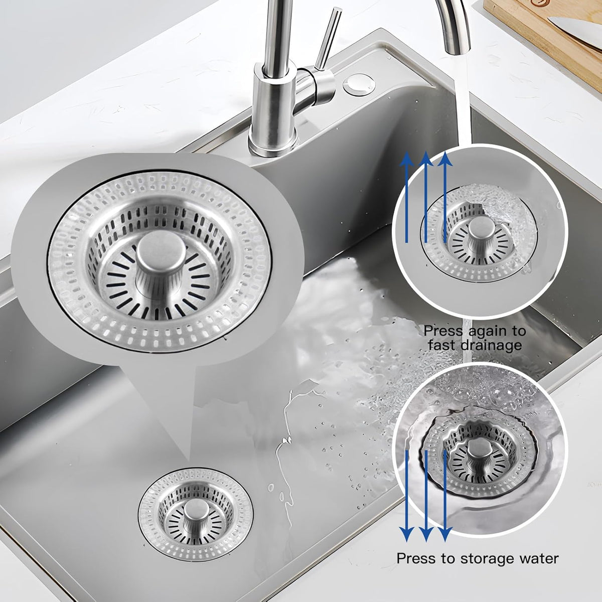3 in 1 Kitchen Sink Drain Strainer Stopper, Stainless Steel Pop Up Sink Stopper with Anti-Clogging Basket Strainer Width 3.07" Height 1.77 for Deep Sink (Silver)