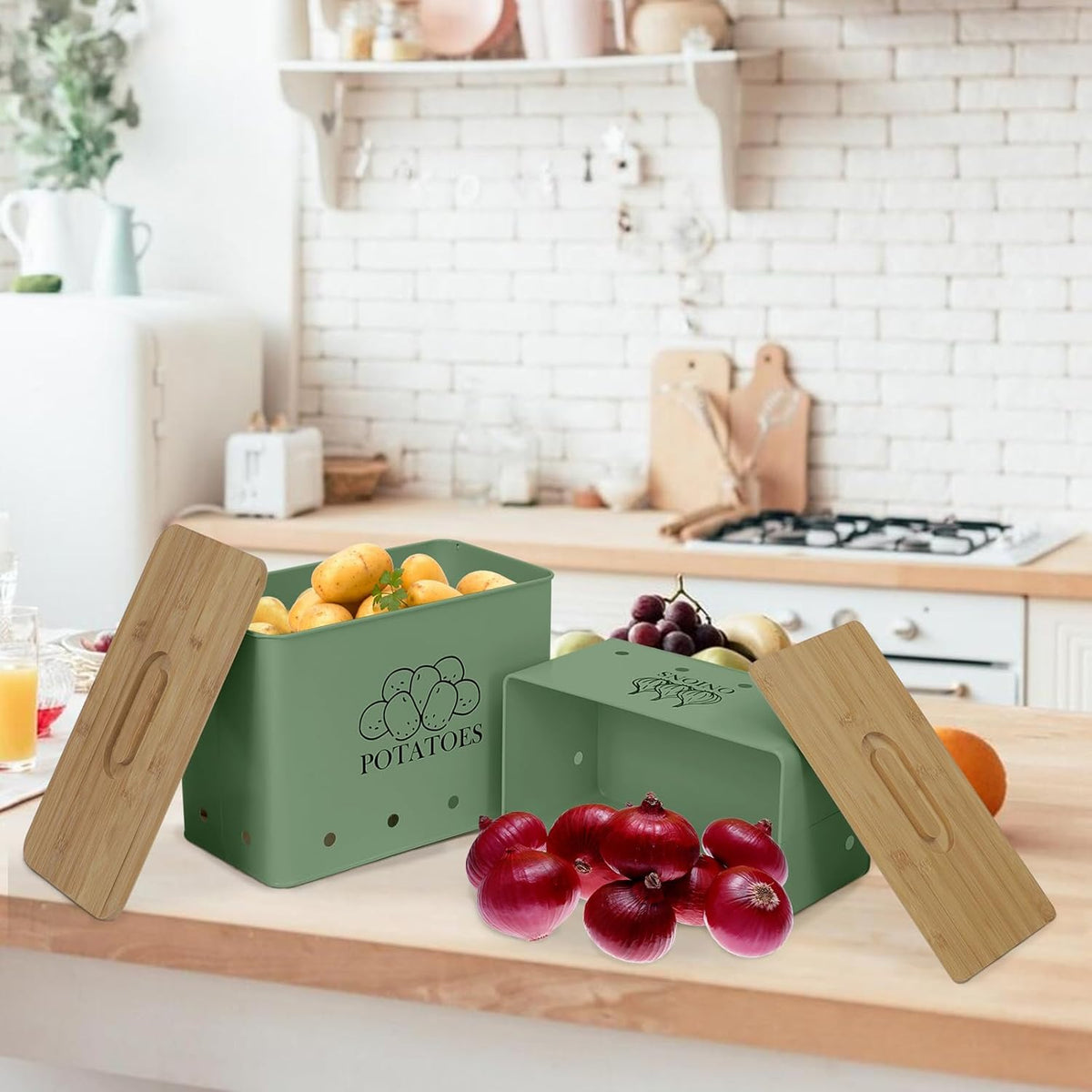 Potato Onion Storage Box, Food Container Sets, Storage Canisters for Vegeatables, Set of 2 Jars Pots Containers, Potato & Onion Bin with Aerating Tin Storage Holes & Bamboo Lid-Green