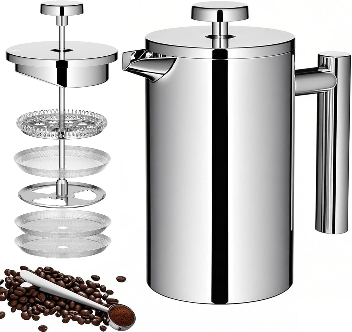 Small French Press Coffee Maker 600ml, Double-Wall Insulated French Press Coffee Press Stainless Steel for travel camping, Included 2 Extra Fliters and 1 Coffee Spoon (2-4cup, 20 OZ)