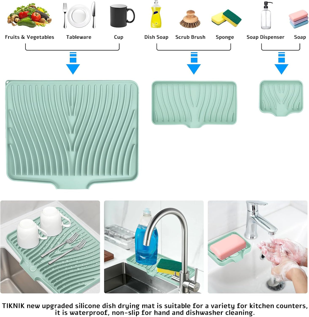 Silicone Dish Drying Mat for Kitchen Counter, Dish Drying Pad, Non-Slip Drain Pad with Built-in Drain, Heat Resistant Stone Drying Mat, 3 pcs (Mint)